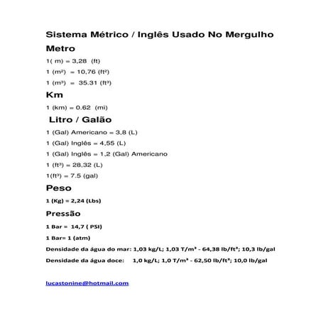 Tabela de sytema metrico e inglês usada no mergulho | PDF | Sports