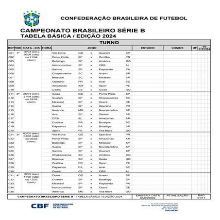 Brasileirão: CBF divulga tabela da Série B 2024
