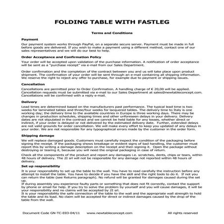 Folding Table Sales Terms and Conditions Rev. 03
