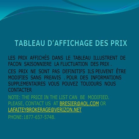TABLEAU D’AFFICHAGE DES PRIX