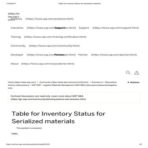 Table for inventory status for serialized materials