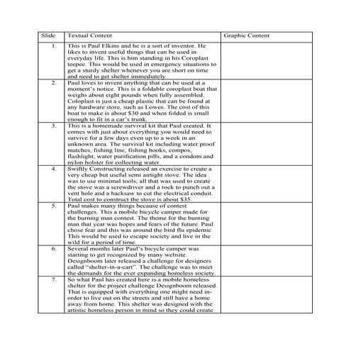 Table for storyboard