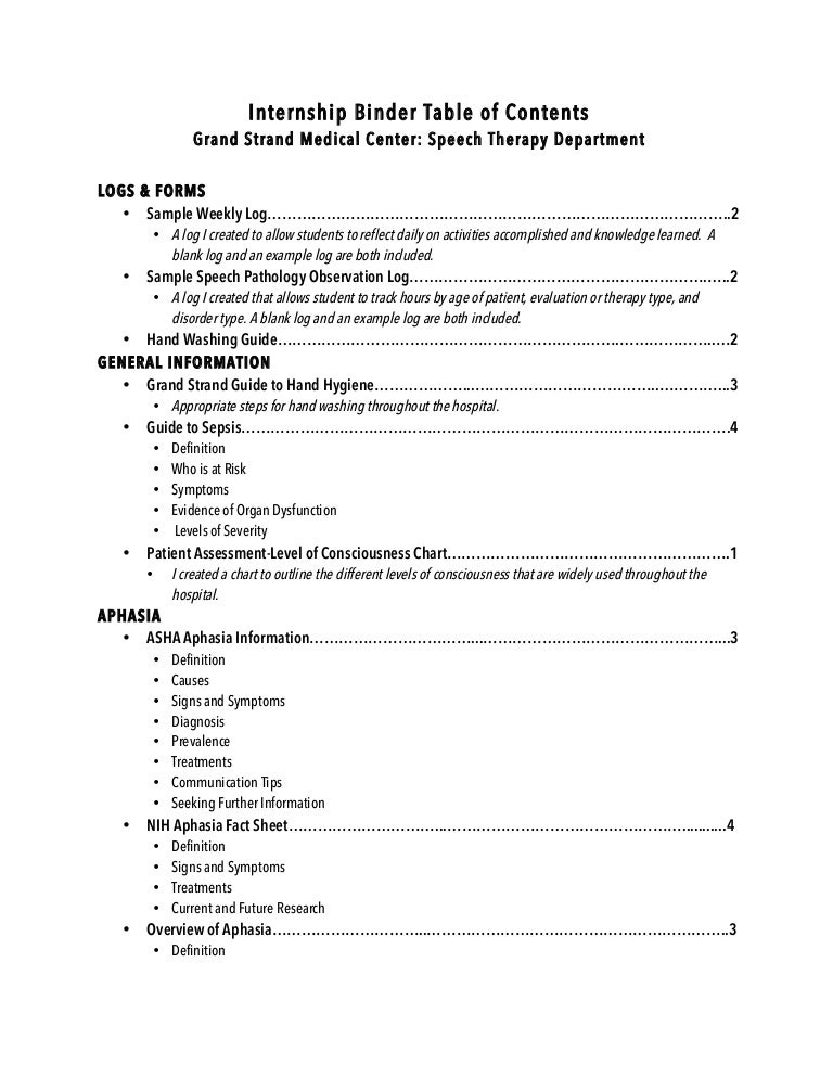 intern binder table of contents
