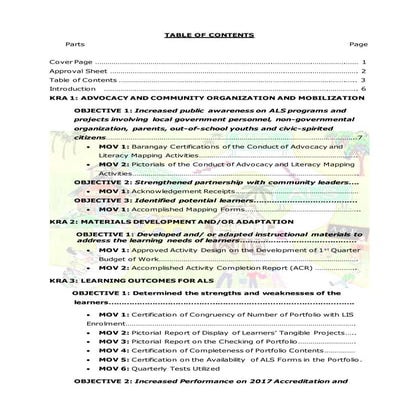 My 2018 ALS-RPMS Table of Contents