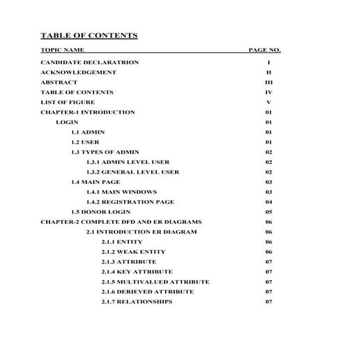 Table of contents on blood bank management system