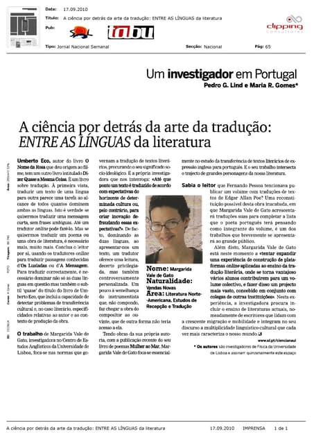 “A ciência por detrás da arte da tradução: entre as línguas da literatura”  (Tabu, 17-09-2010)