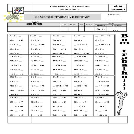 Tabuadas Setembro e Outubro