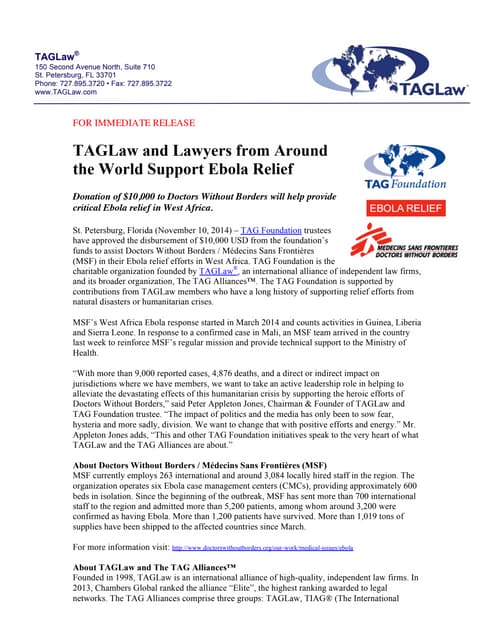TAGLaw and Lawyers from Around the World Support Ebola Relief Efforts of Doct...