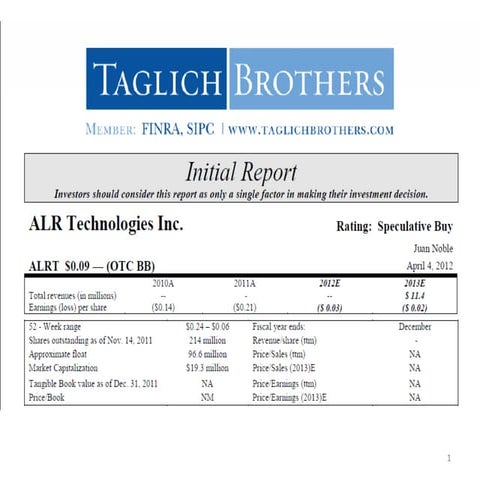 ALR Technologies (OTCBB: ALRT) Taglich Brothers Analyst Report