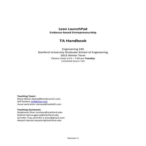 Teaching Assistant Handbook for the Lean LaunchPad Course