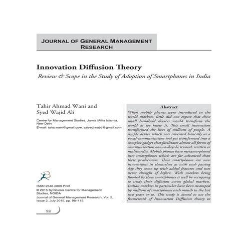 Innovation Diffusion Theory - Review & Scope in the Study of Adoption of Smar...