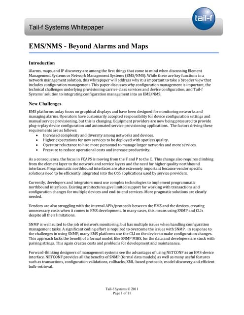 Tail f Systems Whitepaper - EMS and NMS Platforms - Beyond Alarms and Maps