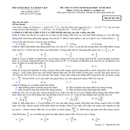 Tai lieu luyen thi dai hoc   de thi dh ly khoi a1 - nam 2012