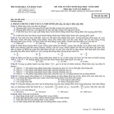Tai lieu luyen thi dai hoc   de thi dh mon ly khoi a - nam 2009
