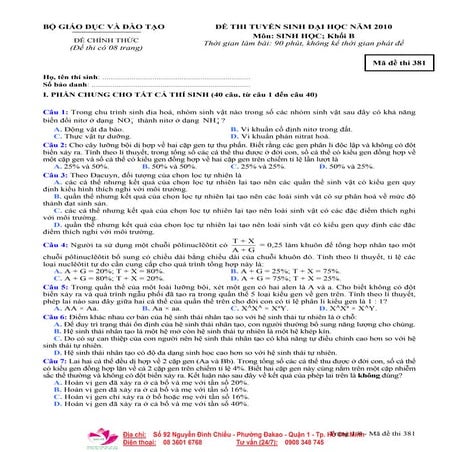 Tai lieu luyen thi dai hoc   de thi dh mon sinh khoi b - nam 2010