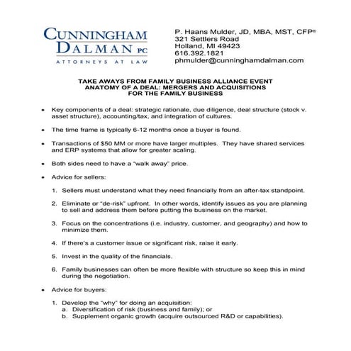 Take Aways from Family Business Alliance's Event on Mergers and Acquisitions