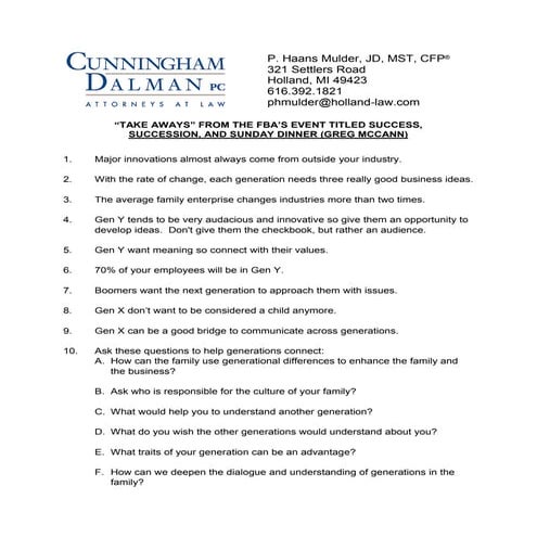 Take Aways from FBA Event on Generations and Family Business