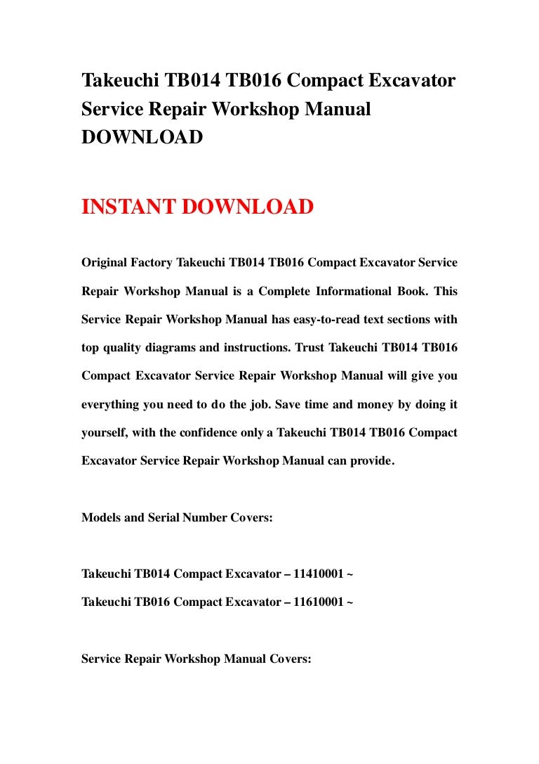 Takeuchi tb014 tb016 compact excavator service repair workshop manual…