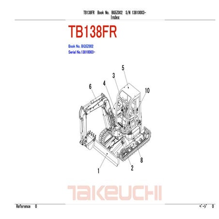 Takeuchi tb138 fr compact excavator parts catalogue manual (serial no. 138100...