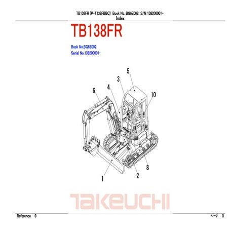 Takeuchi tb138 fr compact excavator parts catalogue manual (serial no. 138200...