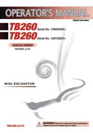 Takeuchi tb260 mini excavator operator manual (serial no. 126100003 and up)