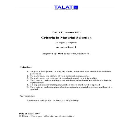 TALAT Lecture 1502: Criteria in Material Selection