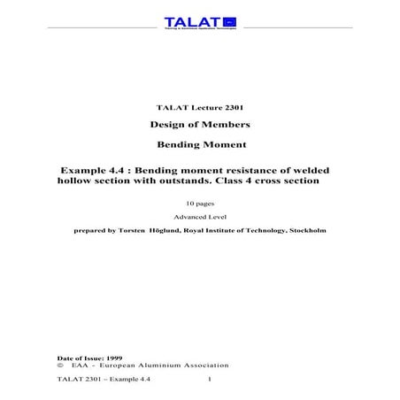 TALAT Lecture 2301: Design of Members Example 4.4: Bending moment resistance ...
