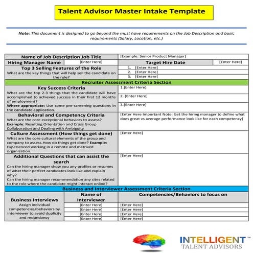 Talent advisor initial hiring manager meeting template