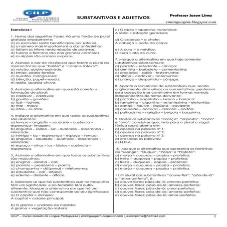 Exercícios sobre adjetivos e substantivos com gabarito | DOC