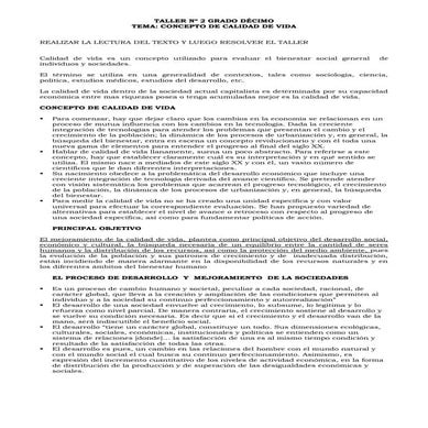 Taller 2 grado décimo concepto de calidad de vida
