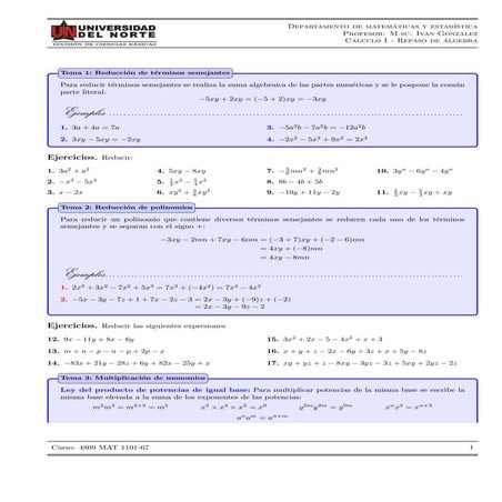 Taller 3 expresiones algebraicas grado 8 | PDF