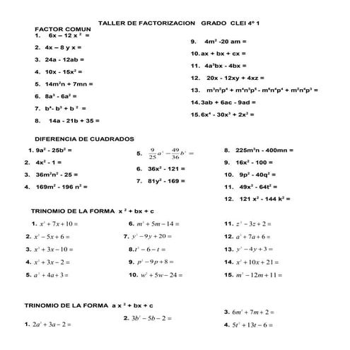 Taller de factorizacion   grado  clei 4º 1