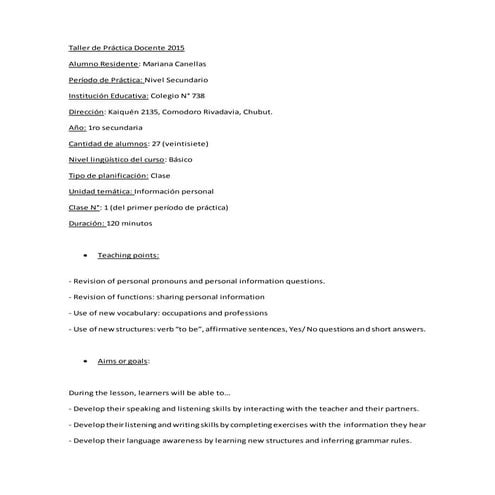 Taller de práctica docente 2015. lesson plan 738