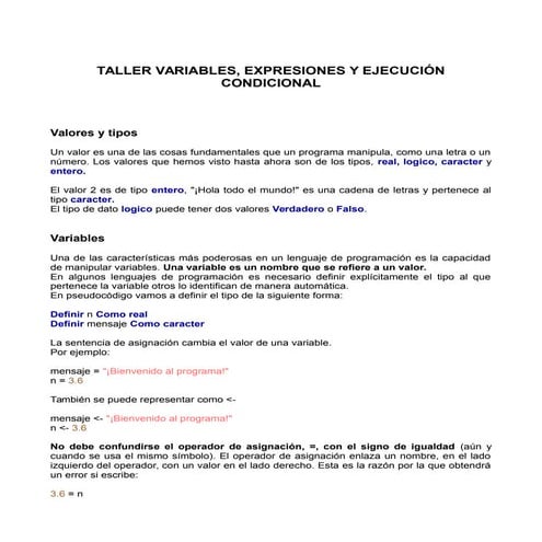 Variables, expresiones y ejecución de condiciones les en PSeInt | PDF