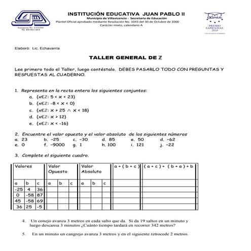 Taller general de enteros mat 7 | PDF