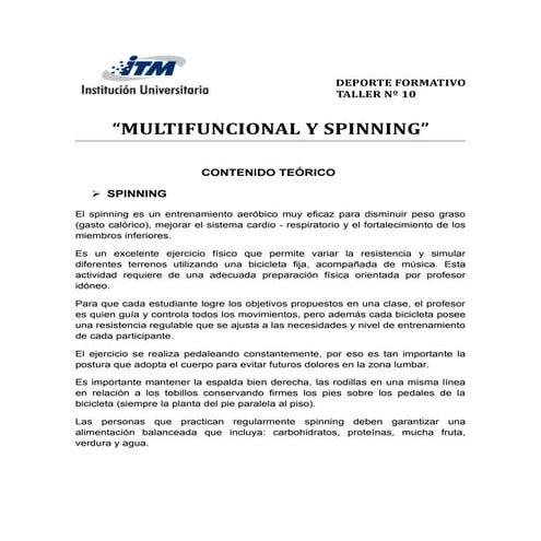 Taller nº 10 actividad fisica en el multifuncional y spinning