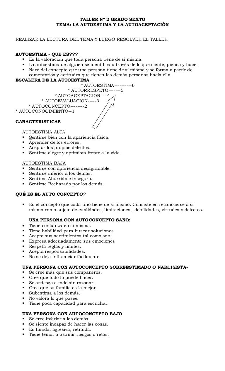 Taller nº 2 grado sexto la autoestima y la autoaceptación
