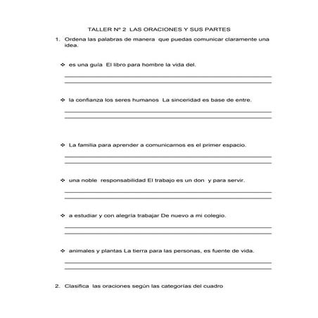 Taller nº 2  las oraciones y sus partes