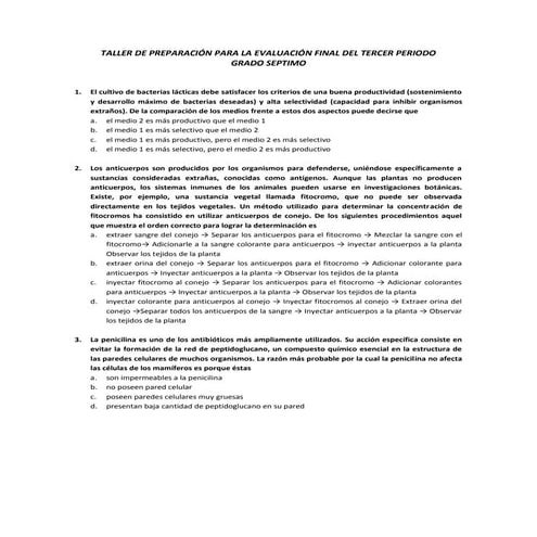 Taller preparatorio evaluacion final tercer periodo grado septimo