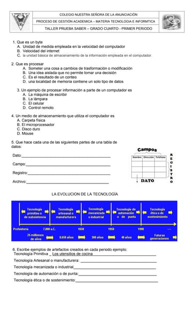 Taller Tecnología e Informática Grado primero de primaria. | PDF