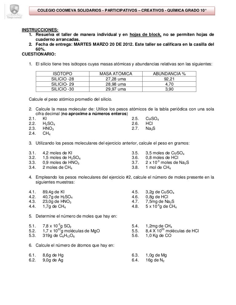 Taller Quimica 10 Moles