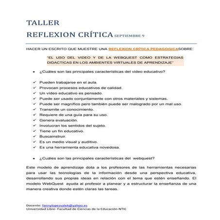 Taller reflexion video y webquest