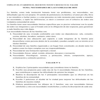 Taller segundo período grado sexto necesidades de las familias de hoy