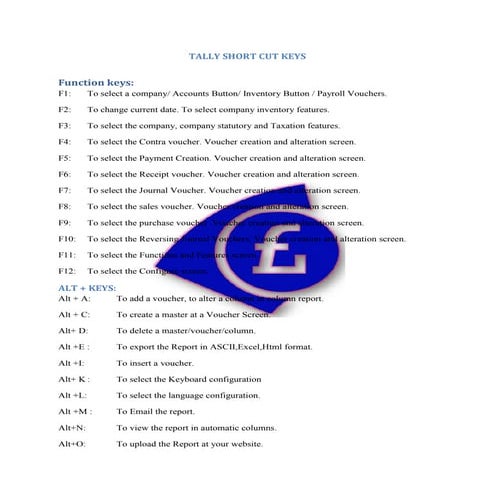 Tally short cut keys