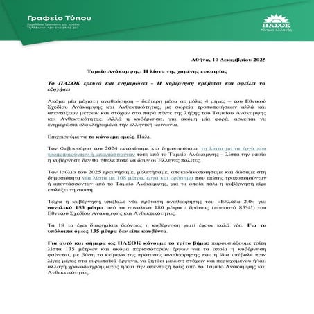 ΠΑΣΟΚ: «Ταμείο Ανάκαμψης: Η λίστα της χαμένης ευκαιρίας»