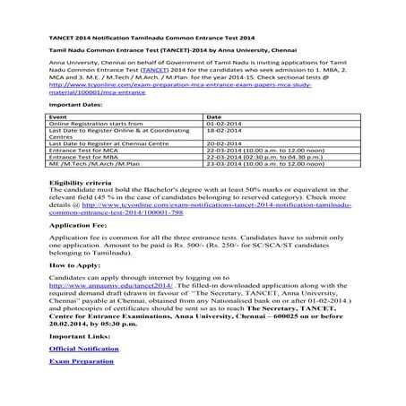 Tancet 2014 notification tamilnadu common entrance test 2014