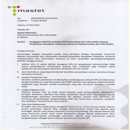 Tanggapan Mastel terhadap Rancangan Peraturan Menkominfo tentang Kewajiban Pelayanan Universal