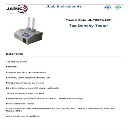 Tap density tester