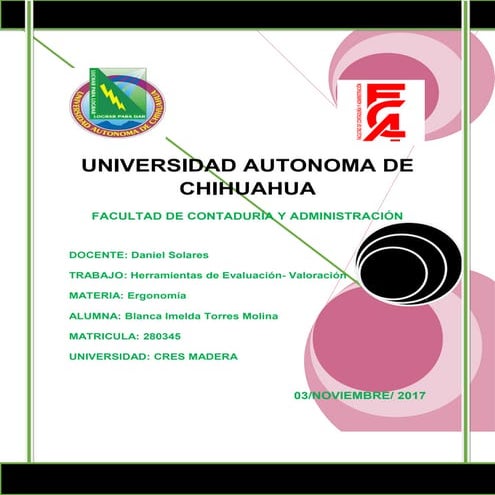 Tarea 12 ergonomia blanca imelda torres molina 280345. herramientas de evaluación valoración