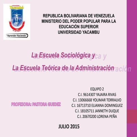 ESCUELA SOCIOLÓGICA Y TEÓRICA DE LA ADMINISTRACIÓN